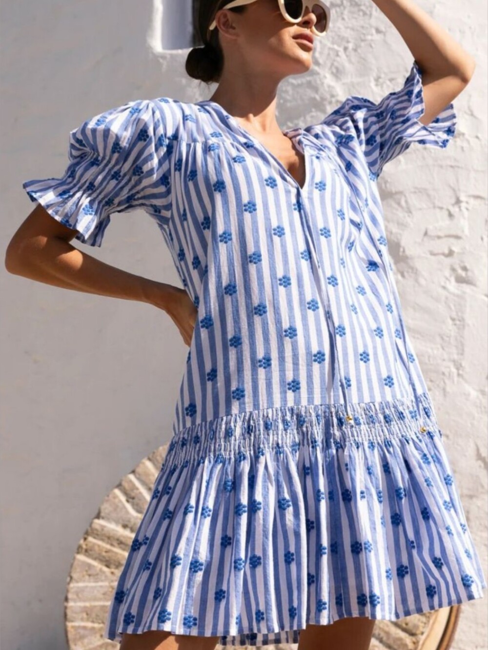 Oliphant Smocked Drop Mini Dress Capri Blue Embroidered Floral Striped Size S
